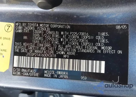 2006 Toyota Highlander Sport V6/V6 from USA, damaged, VIN JTEGP21A160093418